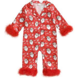 imageKuriozud Baby Girl Christmas Satin Silk Pajamas Button Down Santa Claus Pajamas Jumpsuit Feather Trim Sleeve Nightgown PjsAred