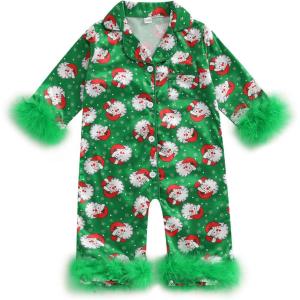imageKuriozud Baby Girl Christmas Satin Silk Pajamas Button Down Santa Claus Pajamas Jumpsuit Feather Trim Sleeve Nightgown PjsArmy Green