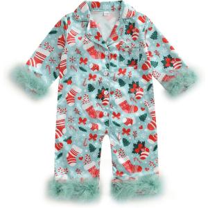 imageKuriozud Baby Girl Christmas Satin Silk Pajamas Button Down Santa Claus Pajamas Jumpsuit Feather Trim Sleeve Nightgown PjsGreen
