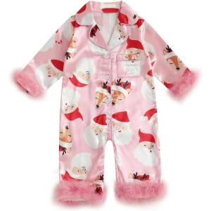 imageKuriozud Baby Girl Christmas Satin Silk Pajamas Button Down Santa Claus Pajamas Jumpsuit Feather Trim Sleeve Nightgown PjsPink
