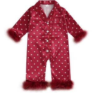 imageKuriozud Baby Girl Christmas Satin Silk Pajamas Button Down Santa Claus Pajamas Jumpsuit Feather Trim Sleeve Nightgown PjsRed