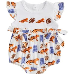 imageKuriozud Newborn Baby Girl Football Outfit Smocked Ruffle Romper Short Sleeve Jumpsuit Cute Baby Girl ClothesEmbroidered Cheetah White