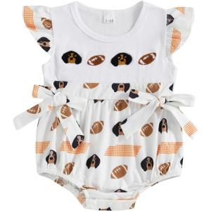 imageKuriozud Newborn Baby Girl Football Outfit Smocked Ruffle Romper Short Sleeve Jumpsuit Cute Baby Girl ClothesEmbroidered Dog White
