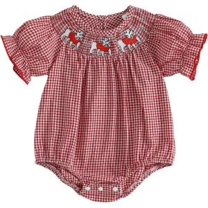 imageKuriozud Newborn Baby Girl Football Outfit Smocked Ruffle Romper Short Sleeve Jumpsuit Cute Baby Girl ClothesPlaid Dog Red