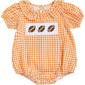 imageKuriozud Newborn Baby Girl Football Outfit Smocked Ruffle Romper Short Sleeve Jumpsuit Cute Baby Girl ClothesPlaid Football Orange