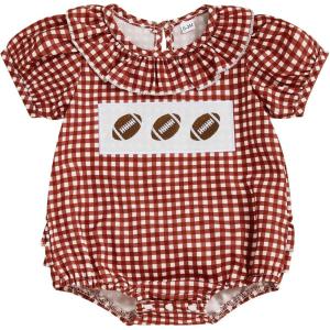 imageKuriozud Newborn Baby Girl Football Outfit Smocked Ruffle Romper Short Sleeve Jumpsuit Cute Baby Girl ClothesPlaid Football Red
