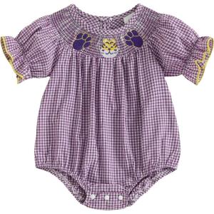 imageKuriozud Newborn Baby Girl Football Outfit Smocked Ruffle Romper Short Sleeve Jumpsuit Cute Baby Girl ClothesPlaid Tiger Purple