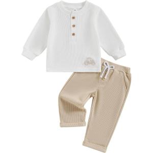 imageKuriozud Toddler Boy Fall Winter Clothes Embroidery Baby Long Sleeve T Shirt Pants Set 6 12 18 24 Months 2T 3T 4T 2PCS OutfitTractor Beige