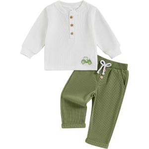 imageKuriozud Toddler Boy Fall Winter Clothes Embroidery Baby Long Sleeve T Shirt Pants Set 6 12 18 24 Months 2T 3T 4T 2PCS OutfitTractor Green