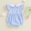 imageKuriozud Newborn Baby Girl Clothes Smocked Peter Pan Collar Romper Ruffle Jumpsuit Cute Baby Girl Outfit Summer ClothingPlaid Blue Apple