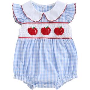 imageKuriozud Newborn Baby Girl Clothes Smocked Peter Pan Collar Romper Ruffle Jumpsuit Cute Baby Girl Outfit Summer ClothingPlaid Blue Apple