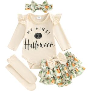imageKuriozud My First Thanksgiving Outfit Baby Girl Turkey Romper BodysuitRuffle Tutu Shorts Bloomer 1st Thanksgiving ClothesHalloween Beige