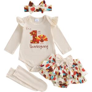 imageKuriozud My First Thanksgiving Outfit Baby Girl Turkey Romper BodysuitRuffle Tutu Shorts Bloomer 1st Thanksgiving ClothesThanksgiving Beige