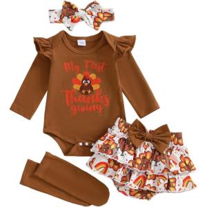 imageKuriozud My First Thanksgiving Outfit Baby Girl Turkey Romper BodysuitRuffle Tutu Shorts Bloomer 1st Thanksgiving ClothesThanksgiving Brown