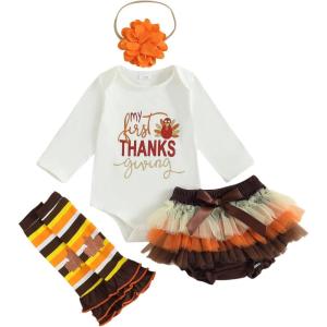 imageKuriozud My First Thanksgiving Outfit Baby Girl Turkey Romper BodysuitRuffle Tutu Shorts Bloomer 1st Thanksgiving ClothesThanksgiving White