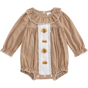 imageKuriozud Newborn Baby Girl Thanksgiving Outfit Bubble Romper Long Sleeve Jumpsuit Cute Infant Girl Fall ClothesCrewneck Turkey Brown