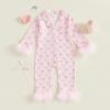 imageKuriozud Baby Girl Boy Fall Button Down Silk Satin Pajamas Romper OnePiece Jumpsuit Long Sleeve Nightgown Pjs SleepwearBow Printpink