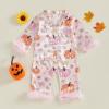 imageKuriozud Baby Girl Boy Fall Button Down Silk Satin Pajamas Romper OnePiece Jumpsuit Long Sleeve Nightgown Pjs SleepwearHalloweenpink