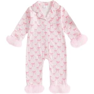 imageKuriozud Baby Girl Boy Fall Button Down Silk Satin Pajamas Romper OnePiece Jumpsuit Long Sleeve Nightgown Pjs SleepwearBow Printpink