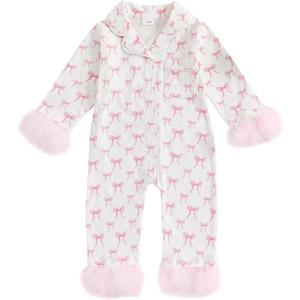 imageKuriozud Baby Girl Boy Fall Button Down Silk Satin Pajamas Romper OnePiece Jumpsuit Long Sleeve Nightgown Pjs SleepwearBow Printwhite