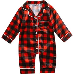 imageKuriozud Baby Girl Boy Fall Button Down Silk Satin Pajamas Romper OnePiece Jumpsuit Long Sleeve Nightgown Pjs SleepwearChristmasred