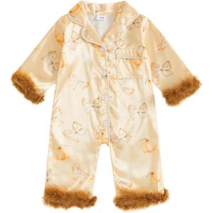 imageKuriozud Baby Girl Boy Fall Button Down Silk Satin Pajamas Romper OnePiece Jumpsuit Long Sleeve Nightgown Pjs SleepwearHalloweenapricot