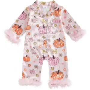 imageKuriozud Baby Girl Boy Fall Button Down Silk Satin Pajamas Romper OnePiece Jumpsuit Long Sleeve Nightgown Pjs SleepwearHalloweenpink