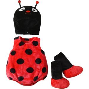 imageKuriozud Cute Fuzzy Animal Costume for Baby Girl Boy Halloween Costume Romper with Hat and Leg Warmer 4pcs Cosplay OutfitLadybug Red