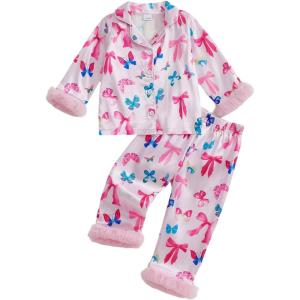 imageKuriozud Kids Toddler Girl Pajamas Fuzzy Trim Long Sleeve Button Down Shirt Top and Pants 2pcs Pjs Sets SleepwearBow Pink