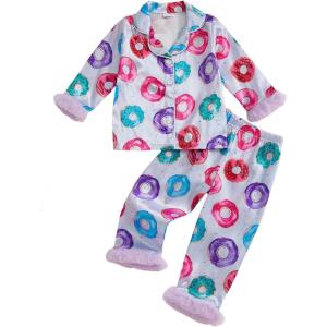 imageKuriozud Kids Toddler Girl Pajamas Fuzzy Trim Long Sleeve Button Down Shirt Top and Pants 2pcs Pjs Sets SleepwearDoughnut Purple