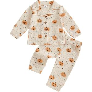 imageKuriozud Toddler Baby Boy Girl Halloween Pajamas Pumpkin Button Down Top And Pants Cotton Linen Sleepwear Cute Halloween PjsPumpkin Apricot