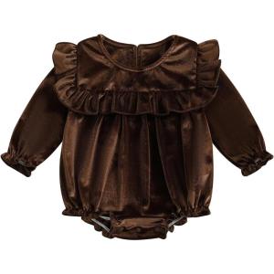 imageKuriozud Newborn Baby Girl Fall Winter Clothes Velvet Ruffle Long Sleeve Romper Cute Baby Girl Outfit Infant Girl ClothingRuffle Brown
