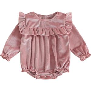 imageKuriozud Newborn Baby Girl Fall Winter Clothes Velvet Ruffle Long Sleeve Romper Cute Baby Girl Outfit Infant Girl ClothingRuffle Pink