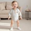 imageKuriozud Newborn Baby Boy Clothes Long Sleeve Romper Bodysuit One Peice Outfit Infant Soft Waffle Fall Winter ClothingButton Stripe Beige