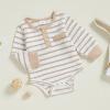 imageKuriozud Newborn Baby Boy Clothes Long Sleeve Romper Bodysuit One Peice Outfit Infant Soft Waffle Fall Winter ClothingButton Stripe Beige