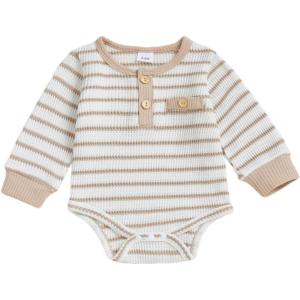 imageKuriozud Newborn Baby Boy Clothes Long Sleeve Romper Bodysuit One Peice Outfit Infant Soft Waffle Fall Winter ClothingButton Stripe Beige