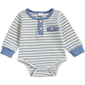imageKuriozud Newborn Baby Boy Clothes Long Sleeve Romper Bodysuit One Peice Outfit Infant Soft Waffle Fall Winter ClothingButton Stripe Blue