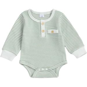 imageKuriozud Newborn Baby Boy Clothes Long Sleeve Romper Bodysuit One Peice Outfit Infant Soft Waffle Fall Winter ClothingButton Stripe Green