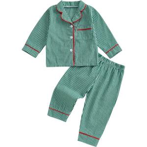 imageKuriozud Toddler Baby Girl Boy Christmas Pajamas Set Kids Plaid Long Sleeve Lapel TopsLong Pants Sleepwear NightwearGreen