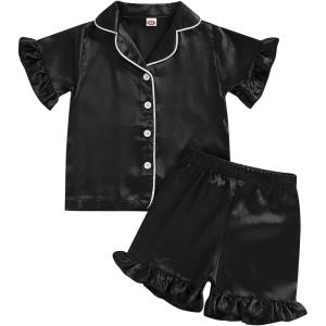 imageKuriozud Toddler Baby Girl Summer Satin Pajamas Kids Summer Pjs Set Short Sleeve Button Down Nightwear Sleepwear 06TXblack