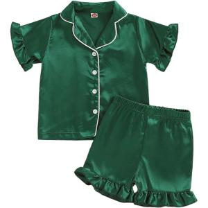 imageKuriozud Toddler Baby Girl Summer Satin Pajamas Kids Summer Pjs Set Short Sleeve Button Down Nightwear Sleepwear 06TXgreen