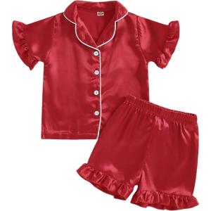 imageKuriozud Toddler Baby Girl Summer Satin Pajamas Kids Summer Pjs Set Short Sleeve Button Down Nightwear Sleepwear 06TXred