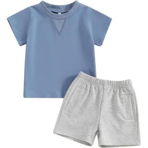 imageToddler Baby Boy Clothes 2 Piece Summer Outfit Short Sleeve T Shirt Top and Shorts Set with Pocket Infant ClothingBlue  Grey
