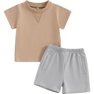 imageToddler Baby Boy Clothes 2 Piece Summer Outfit Short Sleeve T Shirt Top and Shorts Set with Pocket Infant ClothingBrown  Grey