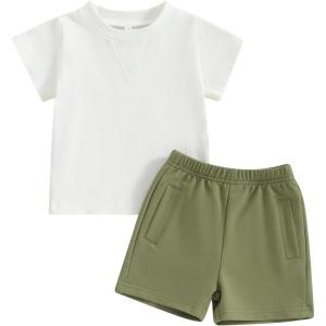 imageToddler Baby Boy Clothes 2 Piece Summer Outfit Short Sleeve T Shirt Top and Shorts Set with Pocket Infant ClothingWhite  Green
