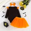 imageKuriozud Halloween Outfit Clothes Toddler Baby Girl Skeleton Rose Long Sleeve Romper with Bow Headband Tulle Skirt 3Pcs SetOrange