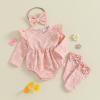 imageKuriozud Newborn Baby Girl Fall Winter Clothes Ruffle Romper Bodysuit with Headband Socks Cute Infant Baby Girl OutfitBow Pink