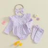 imageKuriozud Newborn Baby Girl Fall Winter Clothes Ruffle Romper Bodysuit with Headband Socks Cute Infant Baby Girl OutfitFloral Purple