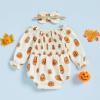 imageKuriozud Newborn Baby Girl Halloween Outfit Smocked Bubble Romper Jumpsuit Cute Infant Girl Fall ClothesOff the Shoulder Pumpkin