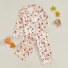 imageKuriozud Toddler Baby Girl Halloween Pajamas Set Little Girl Pumpkin Long Sleeve Lapel TopsRuffled Pants Sleepwear NightwearBeige Pink Truck Pumpkin